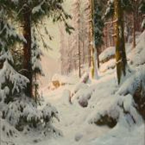 Forest Scene At Winter Time Oil Painting by Walter Moras