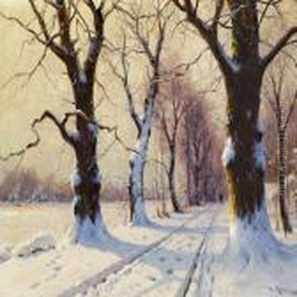 Winter Scene With A Man Walking In The Woods Oil Painting by Walter Moras