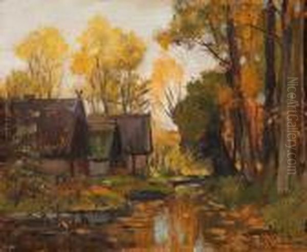 Bauernhauser Mit Herbstlich Gefarbten Baumen Oil Painting by Walter Moras