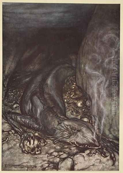 In dragons form Fafner now watches the hoard, illustration from Siegfried and the Twilight of the Gods, 1924 Oil Painting by Arthur Rackham