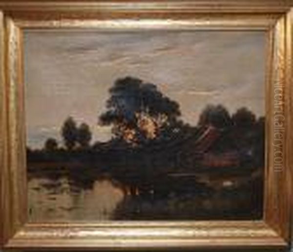 Sunset Farmhouse On Lake Oil Painting by Walter Moras