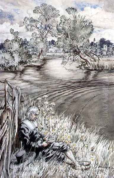 Izaak Walton reclining against a Fence, from The Compleat Angler by Izaak Walton, 1931 Oil Painting by Arthur Rackham