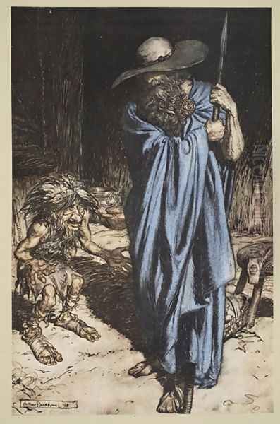 Mime and the Wanderer, from Siegfried and The Twilight of the Gods, 1910 Oil Painting by Arthur Rackham