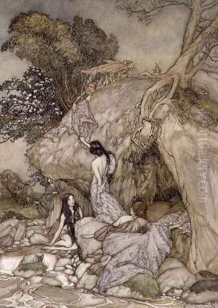 Girls by a Stream, 1906 Oil Painting by Arthur Rackham