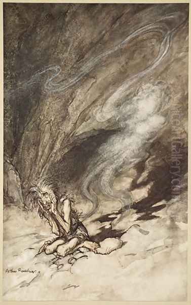 Mime writhes under the lashes he receives, illustration from The Rhinegold and the Valkyrie, 1910 Oil Painting by Arthur Rackham