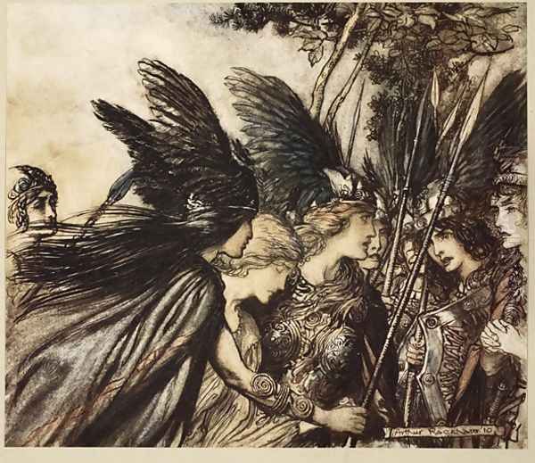 I flee for the first time and am pursued Warfather follows close. He nears, he nears, in fury Save this woman Sisters, your help, from The Rhinegold and the Valkyrie, 1910 Oil Painting by Arthur Rackham