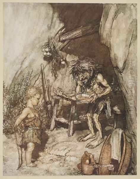 Mime and the infant, illustration from Siegfried and the Twilight of the Gods, 1924 Oil Painting by Arthur Rackham