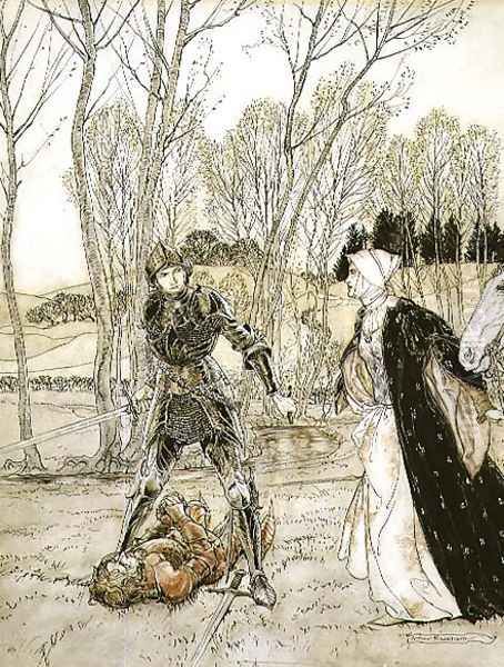 How Beaumains defeated the Red Knight, and always the damosel spake many foul words unto him Oil Painting by Arthur Rackham