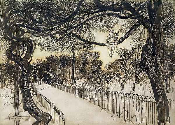 Peter Pan on a Branch, scene from Peter Pan in Kensington Gardens by J.M Barrie, 1912 Oil Painting by Arthur Rackham