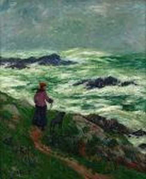 Promenade Sur Le Chemin Des Douaniers Par Grosse Mer Oil Painting by Henri Moret