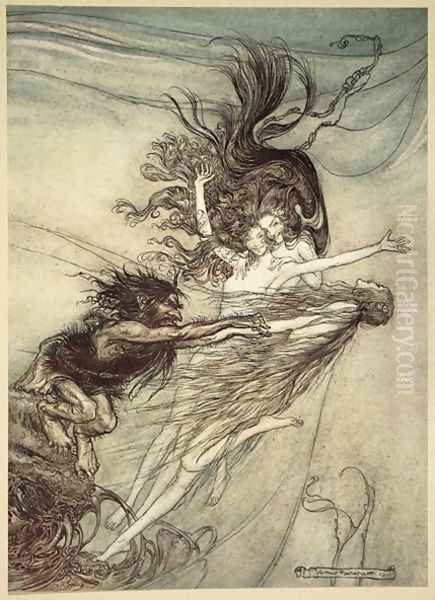 The Rhinemaidens teasing Alberich, illustration from The Rhinegold and the Valkyrie, 1910 Oil Painting by Arthur Rackham