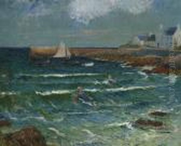 Baignade De Mer A Lomener Oil Painting by Henri Moret