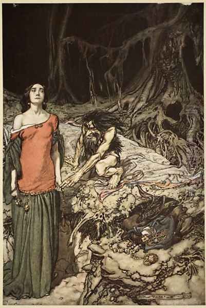 The wooing of Grimhilde, the mother of Hagen, from Siegfried and The Twilight of the Gods, 1910 Oil Painting by Arthur Rackham