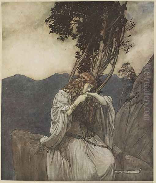 Brunnhilde kisses the ring that Siegfried has left with her, illustration from Siegfried and the Twilight of the Gods, 1924 Oil Painting by Arthur Rackham