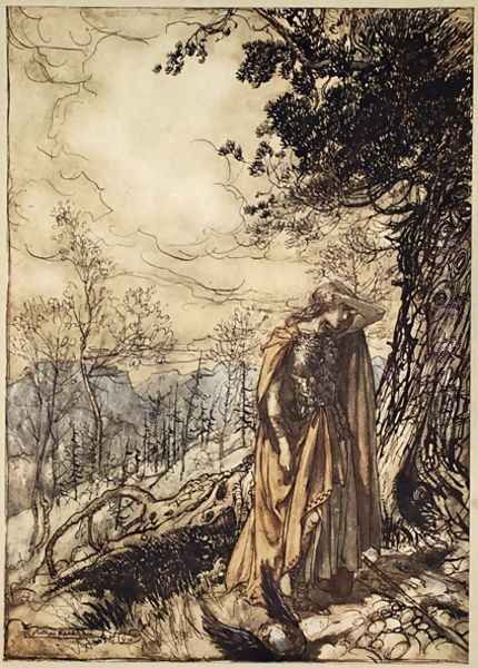 Brunnhilde stands for a long time, dazed and alarmed, illustration from The Rhinegold and the Valkyrie, 1910 Oil Painting by Arthur Rackham