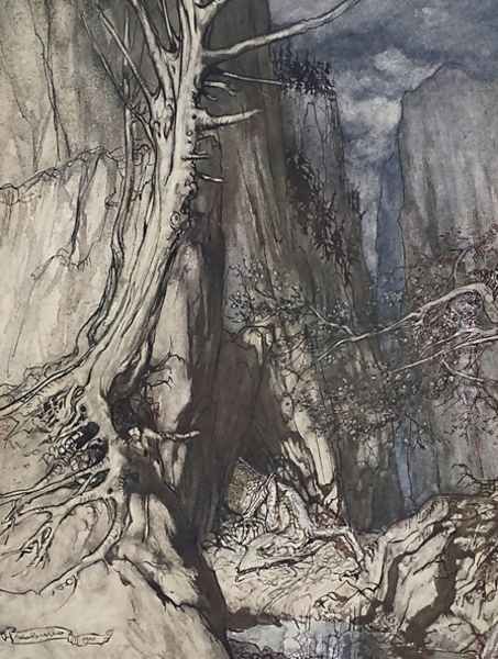 There is a dread Dragon he sojourns, And in a cave keeps watch over Alberichs ring, illustration from The Rhinegold and the Valkyrie, 1910 Oil Painting by Arthur Rackham