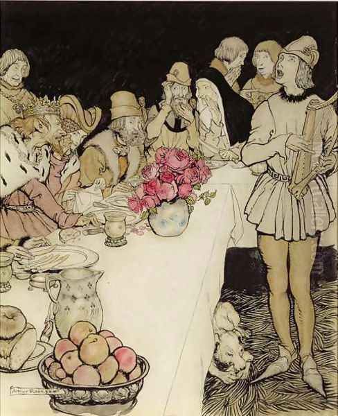 How at a great feast that King Mark made came Eliot the harper and sang the lay that Dinadan had made Oil Painting by Arthur Rackham