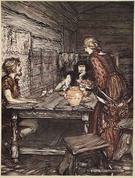 Hundling discovers the likeness between Siegmund and Sieglunde, illustration from The Rhinegold and the Valkyrie, 1910 Oil Painting by Arthur Rackham