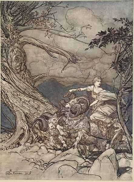 Fricka approaches in anger, illustration from The Rhinegold and the Valkyrie, 1910 Oil Painting by Arthur Rackham