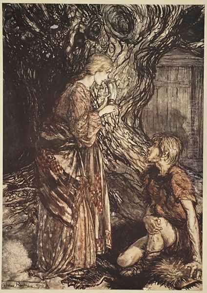 This healing and honeyed draught of Mead deign to accept from me, from The Rhinegold and the Valkyrie, 1910 Oil Painting by Arthur Rackham