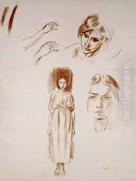 Studies of a woman, of faces and of hands Oil Painting by Arthur Rackham