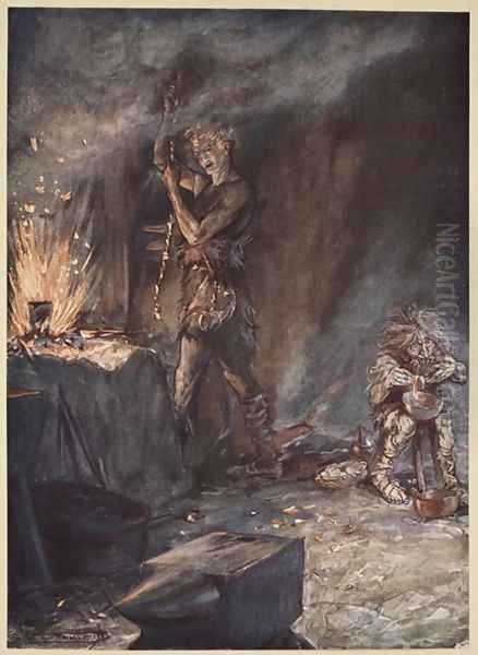 The forging of Nothung, illustration from Siegfried and the Twilight of the Gods, 1924 Oil Painting by Arthur Rackham