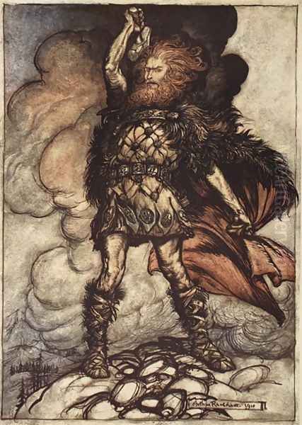 To my hammers swing Hitherward sweep Vapours and fogs! Hovering mists Donner, your lord, summons his hosts, illustration from The Rhinegold and the Valkyrie, 1910 Oil Painting by Arthur Rackham