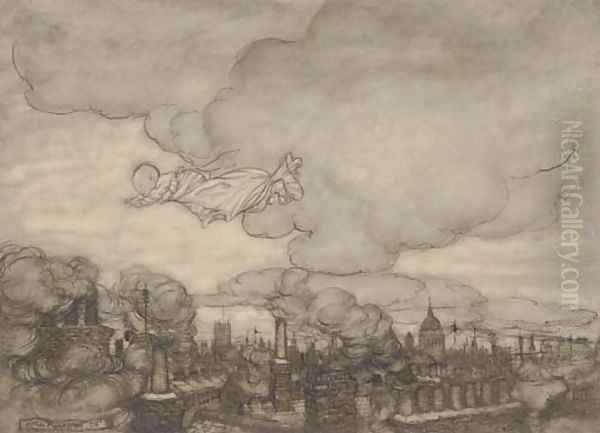 An illustration to J.M. Barrie's 'Peter Pan in Kensington Gardens' 'Away he flew, right over the houses to the Gardens' Oil Painting by Arthur Rackham