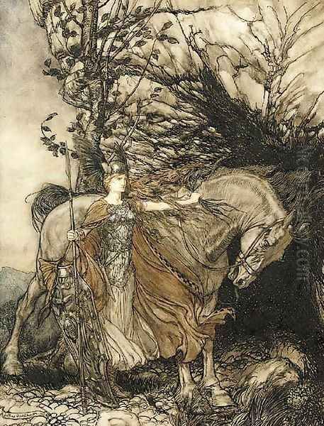 Brunhilde with her horse at the mouth of the cave Oil Painting by Arthur Rackham