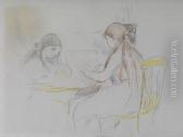 Deux Filles Assises Pres D'un Table Oil Painting by Berthe Morisot