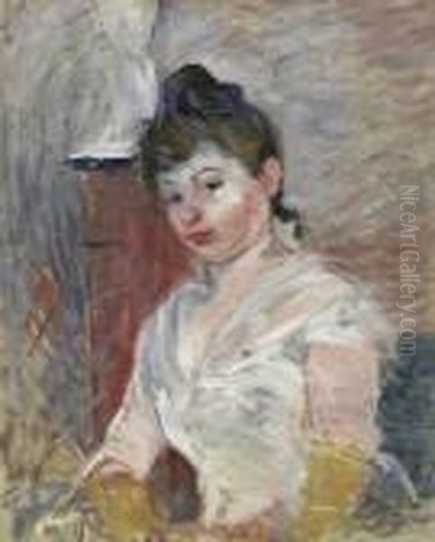 Jeune Fille En Blanc. 1891. 
Portrait Of A Sitting Young Lady In A White Dress. In The Background A 
Pillar With Sculpture. Signature Stamp Bottom Right: Berht Morisot Oil Painting by Berthe Morisot