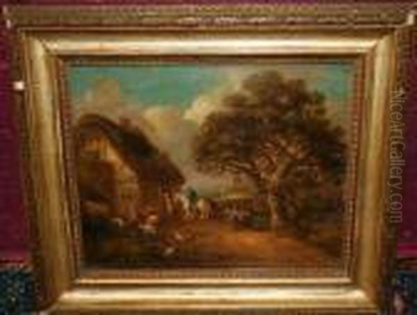 Travellers On Horses And Donkeys Outside A Tavern In Rural Lane Oil Painting by George Morland