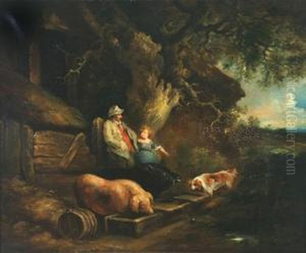 Gentleman And Child Feeding Pigs Oil Painting by George Morland