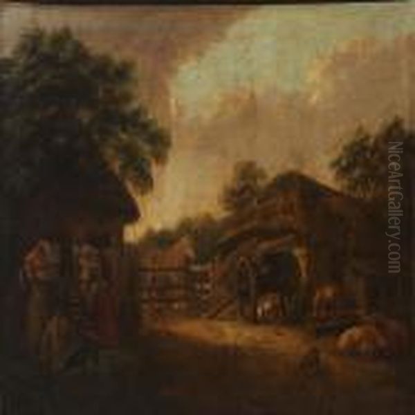 The Laundry Is Being Hung Out To Dry In The Farmyard Oil Painting by George Morland