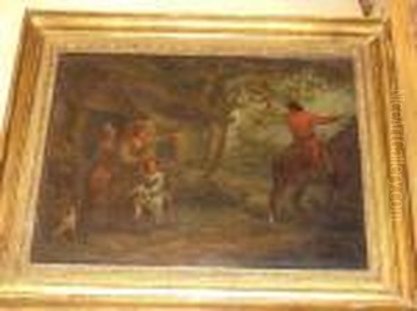 Family By A Cottage Conversing With A Man On Horseback Oil Painting by George Morland