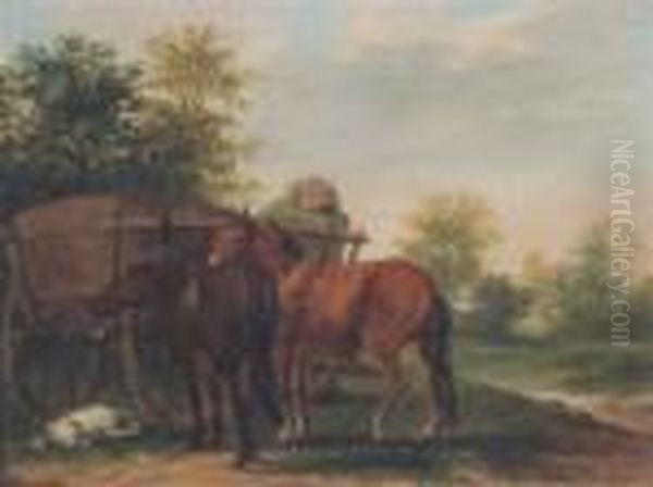 A Waggoner Resting In His Wagon, With Horses And Dog Oil Painting by George Morland