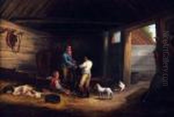 Figures And Animals In A Stable Interior Oil Painting by George Morland