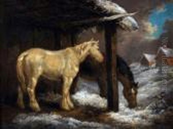 Horses In Winter Oil Painting by George Morland