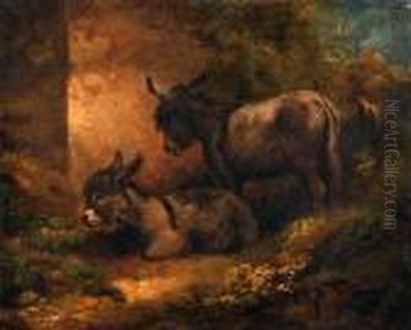 Donkeys By A Barn Oil Painting by George Morland