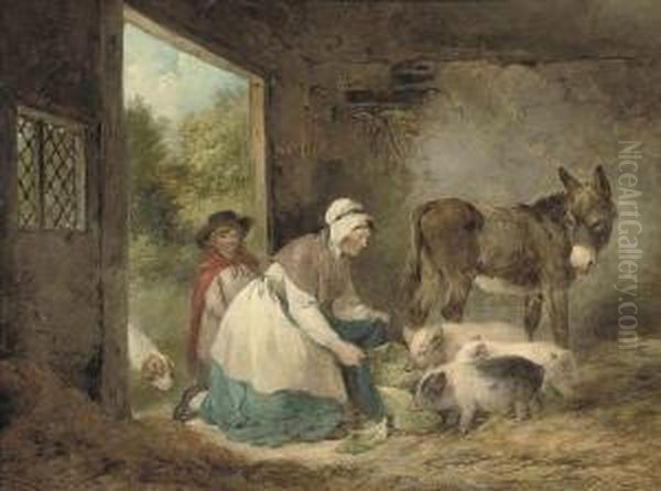 A Woman And Child Feeding Pigs In A Stable, With A Dog And Adonkey Oil Painting by George Morland