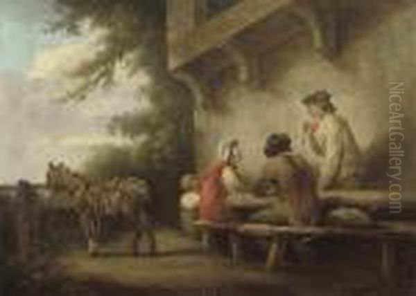 Figures Conversing At A Table Beside A Tethered Donkey, Outside Aninn Oil Painting by George Morland