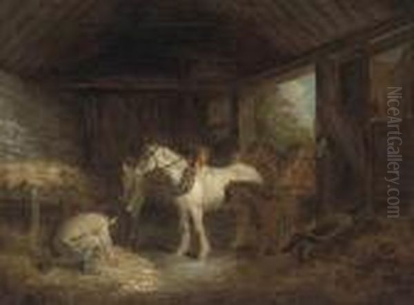 Farm Hands With Plough Horses And A Pony In A Stable Oil Painting by George Morland