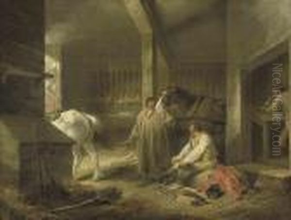 Preparing For Market: A Stable Interior With Figures Andhorses Oil Painting by George Morland