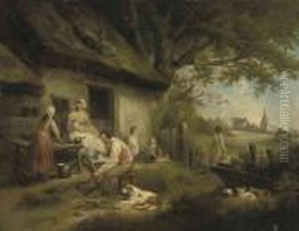 The Cottagers: A Family Outside A Cottage In A Wooded Landscape, Avillage Beyond Oil Painting by George Morland