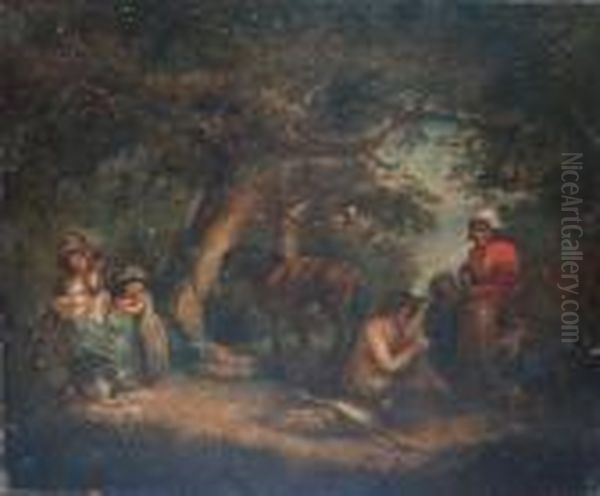 Countryfolk Resting In A Wood Oil Painting by George Morland