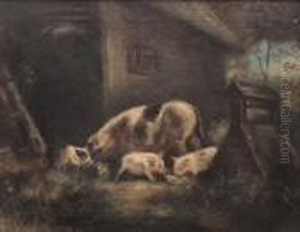 Pigs Outside A Cottage By Awell Oil Painting by George Morland