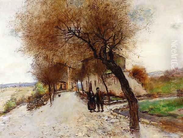 Strollers Leaving A Village by Jean-Francois Raffaelli