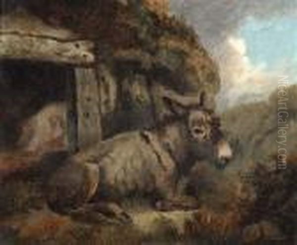 A Mule Resting Outside A Barn Oil Painting by George Morland