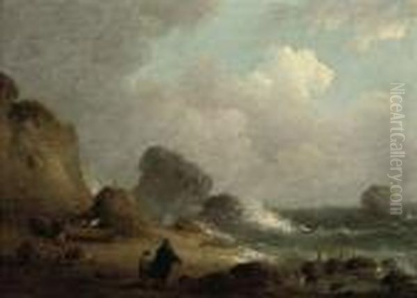 Figures On A Beach, Boats Beyond Oil Painting by George Morland