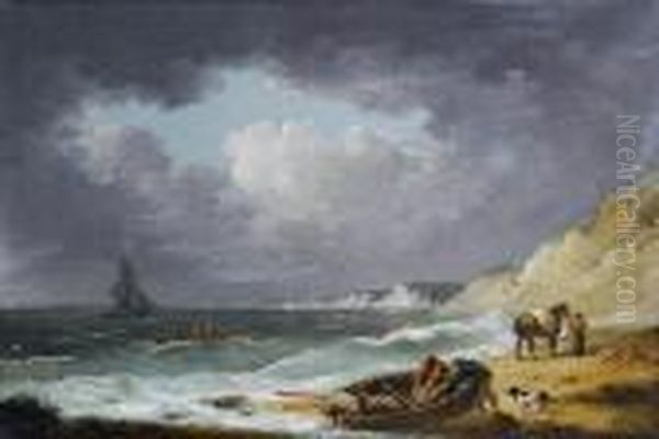 A Windswept Bay On The Isle Of White Withfishermen Disembarking Their Boat Oil Painting by George Morland